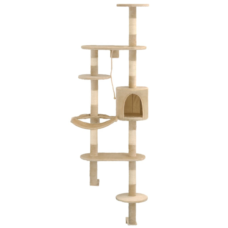 Beige kissan kiipeilypuu sisal-pylväillä seinäkiinnitys Afilipoae 194cm