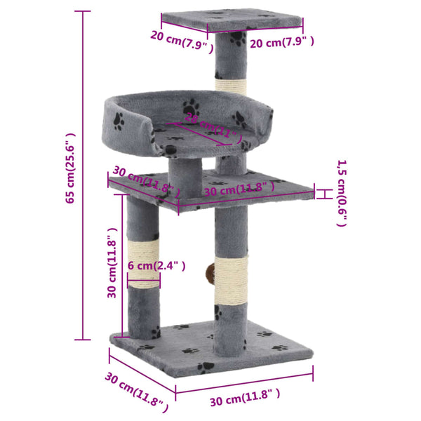 Kissan kiipeilypuu sisal-pylväillä 65 cm tassukuvio harmaa