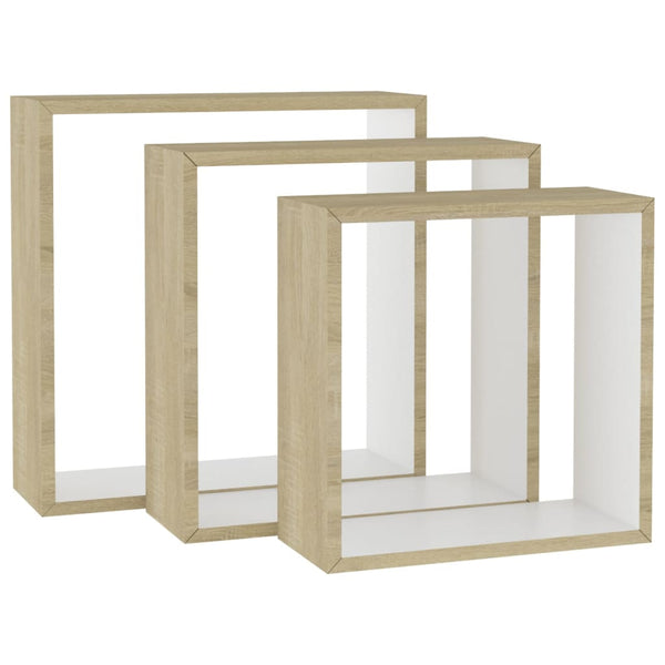 Kuutioseinähyllyt 3 kpl valkoinen ja Sonoma-tammi