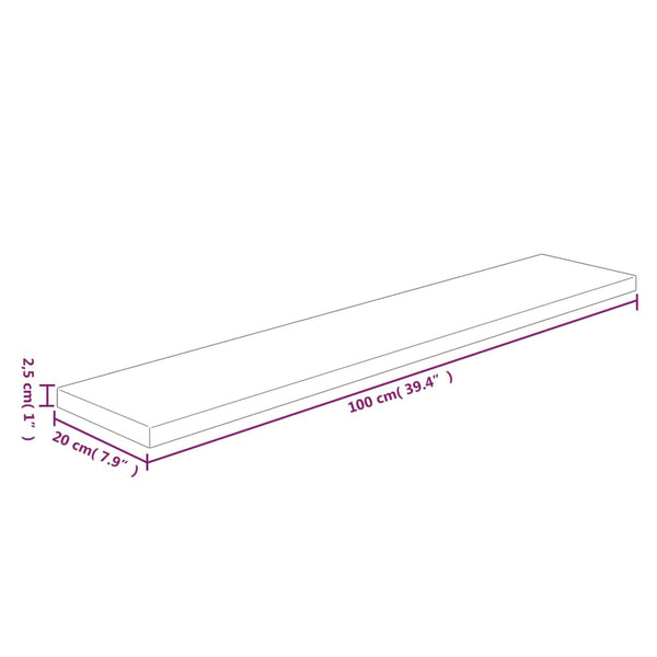 Hyllylevy 100x20x2,5 cm käsittelemätön täysi tammi