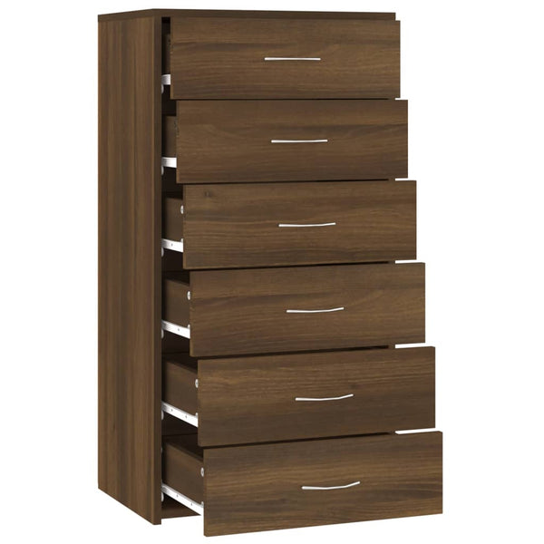 Senkki 6 laatikolla ruskea tammi 50x34x96 cm tekninen puu
