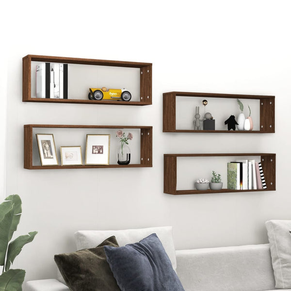 Seinäkuutiohyllyt 4 kpl ruskea tammi 80x15x26,5 cm tekninen puu