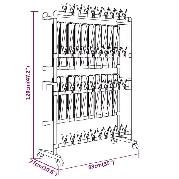 Kenkäteline pyörillä hopea 89x27x120 cm