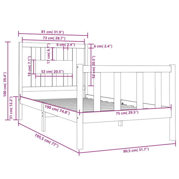 Sängynrunko musta täysi puu 75x190 cm Small Single