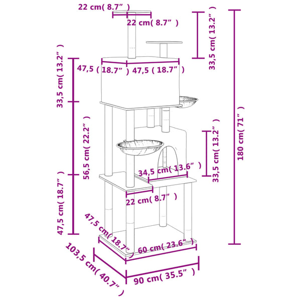 Kissan kiipeilypuu sisal- raapimispylväillä vaaleanharm. 180 cm