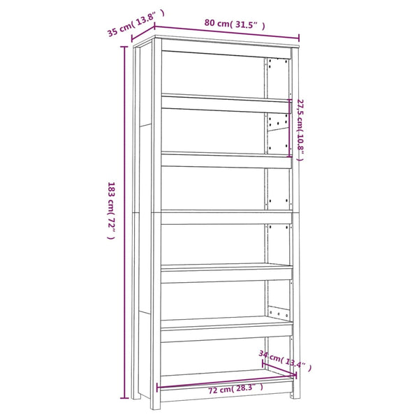 Kirjahylly valkoinen 80x35x183 cm täysi mänty