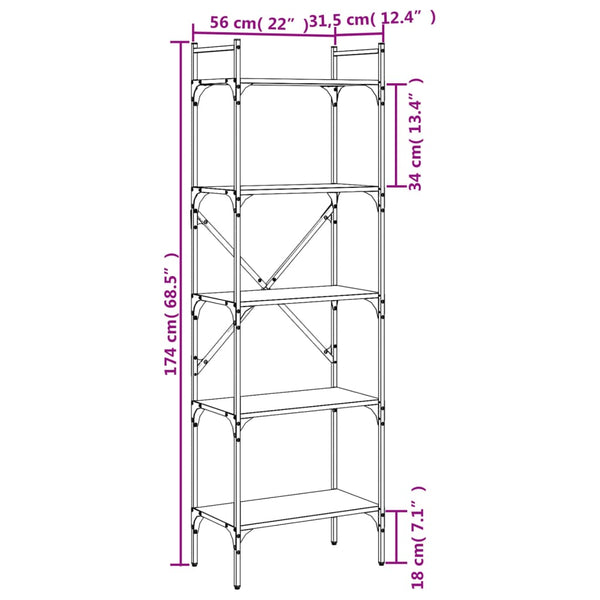 Kirjahylly 5 kerrosta savutammi 56x31,5x174 cm tekninen puu