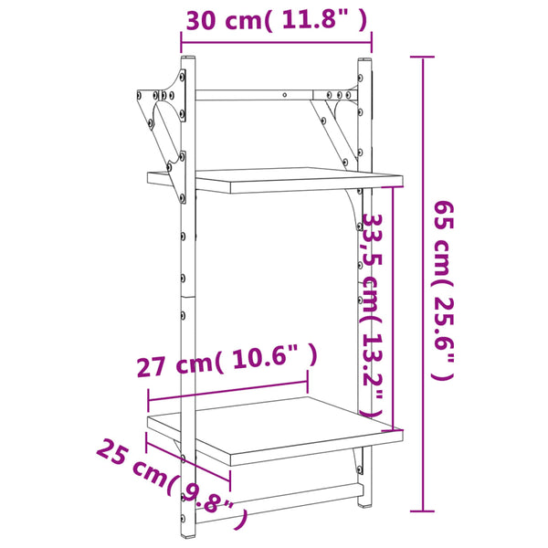 Seinähyllyt tangoilla 2 tasoa 2 kpl Sonoma-tammi 30x25x65 cm