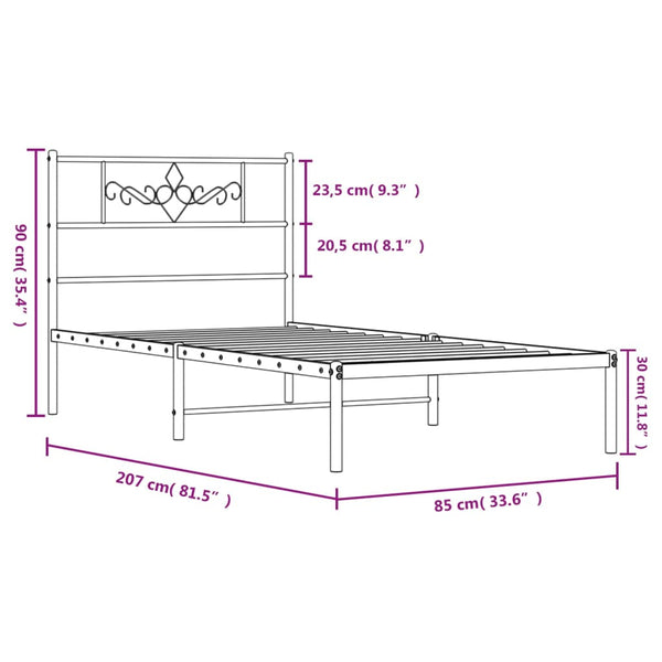 Musta metallinen sängynrunko päädyllä Gorie 80x200cm