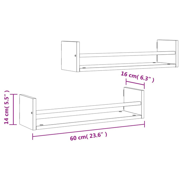 Seinähyllyt tangoilla 2 kpl musta 60x16x14 cm