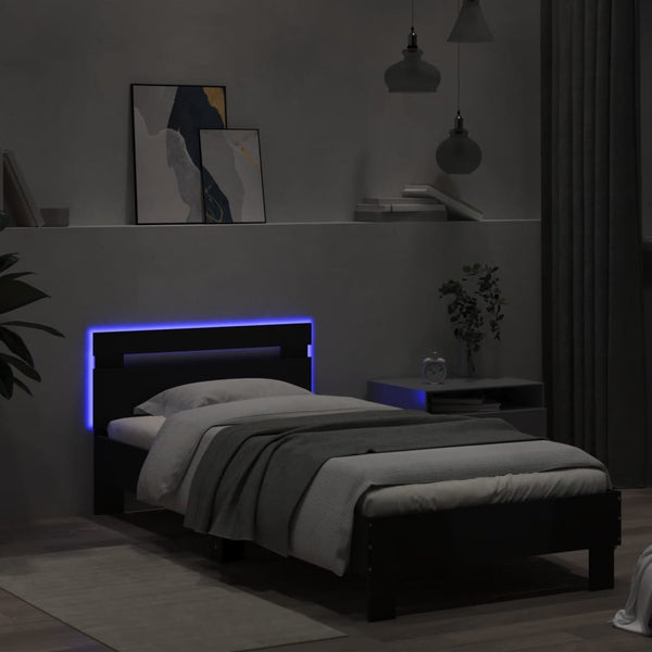 Musta sängynrunko päädyllä ja led-valoilla Aura 90x190cm