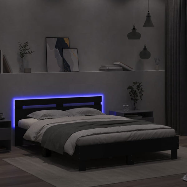 Musta sängynrunko päädyllä ja led-valoilla Aura 140x190cm