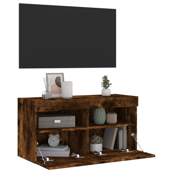 TV-seinäkaappi LED-valoilla savutammi 80x30x40 cm