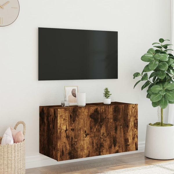 TV-seinäkaappi LED-valoilla savutammi 80x35x41 cm