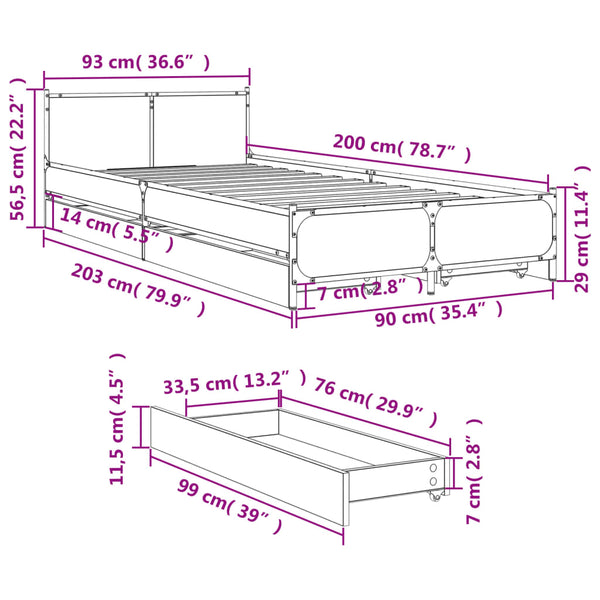 Sängynrunko laatikoilla musta 90x200 cm täysi puu