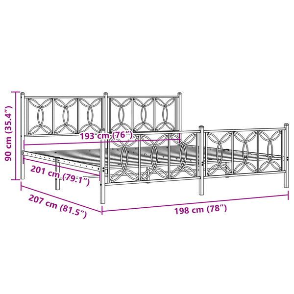 Metallinen sängynrunko päädyillä musta 193x203 cm