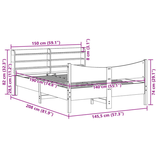 Sängynrunko päädyllä valkoinen 140x190 cm täysi mänty