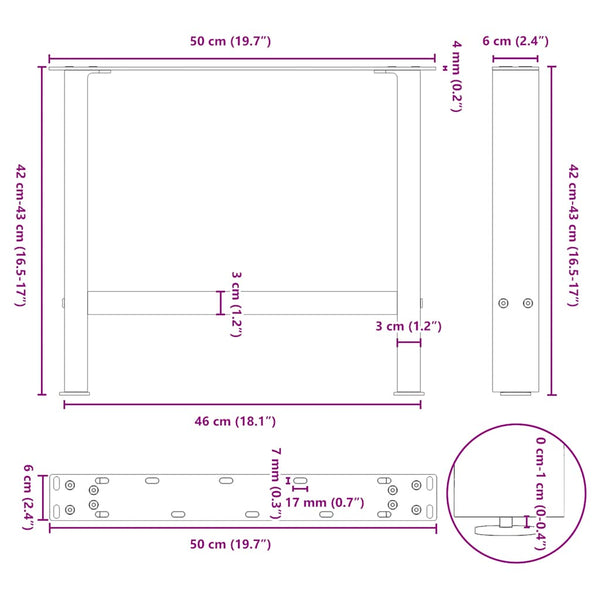 Luonnonteräs sohvapöydän jalat Friderica 50x(42-43)cm (2 kpl, teräs)