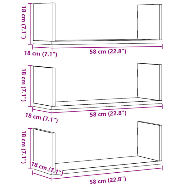 Seinähyllyt 3 kpl betoninharmaa 58x18x18 cm tekninen puu