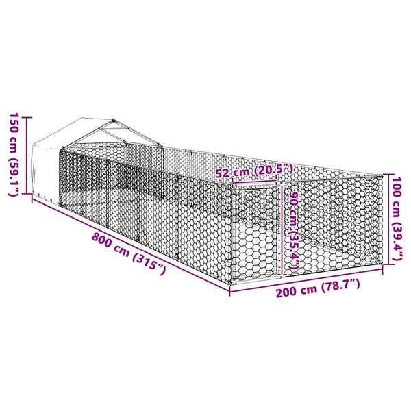 Galvanoitu ulkokoirakennel juoksun kanssa Danner 8x2x1,5 m (teräs)