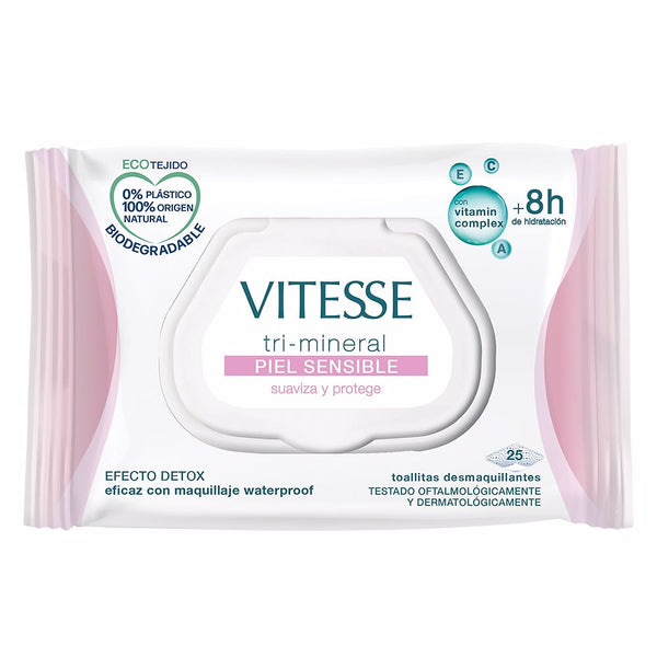 Tri-mineral piel sensible meikinpoistopyyhkeet 25 kpl - VITESSE
