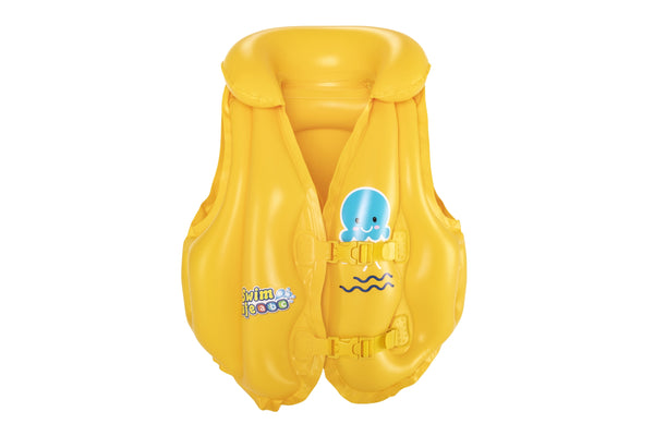 Bestway Swim Safe Step C -kamizelka on keltainen uimapatja, jossa on siniset reunukset ja musta hihna. Kamizelka on kooltaan 51cm x 46cm ja sopii hyvin lapsille oppimaan uimaan.