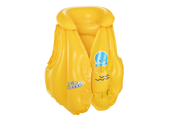 Bestway 32034 -kamizelka lapsille uimaopetukseen. Keltainen uima-apuväline, jossa on siniset nauhat ja kuvioitu pinta. Kamizelka on kooltaan 51cm x 46cm.