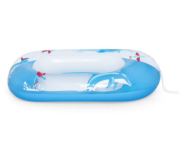 Bestway 34037 -delfiinilautta, mitat 102 cm x 69 cm. Sininen ja valkoinen ilmatäytteinen lautta, jossa delfiinikuva.