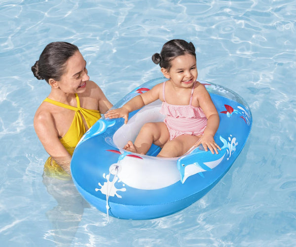 Sininen Bestway Delfin -lautta, mitat 102cm x 69cm.