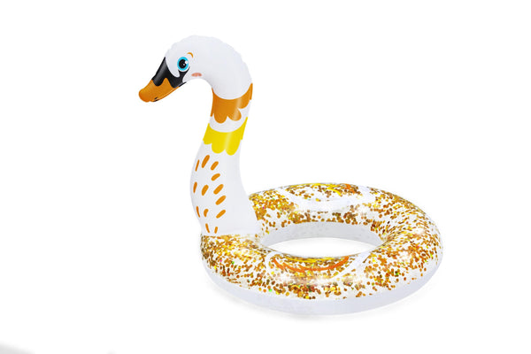 Kolmion muotoinen uima-alusta, jossa on vaaleanpunainen pohja ja kultainen joutsen-kuvio. Uima-alustan mitat ovat 61cm x 585cm.