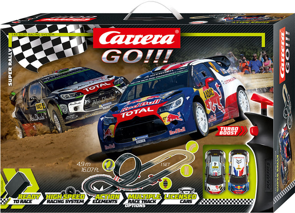 Carrera Go -autorata, jossa on Super Rally -teema. Rata on 4,9 metriä pitkä ja siinä on monipuolisia kaarteita ja esteitä.