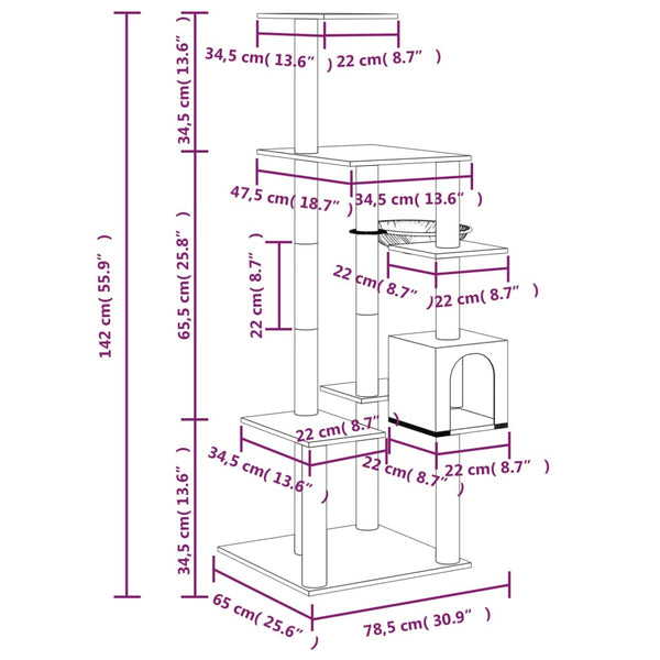 Kissan kiipeilypuu sisal- raapimispylväillä vaaleanharm. 142 cm