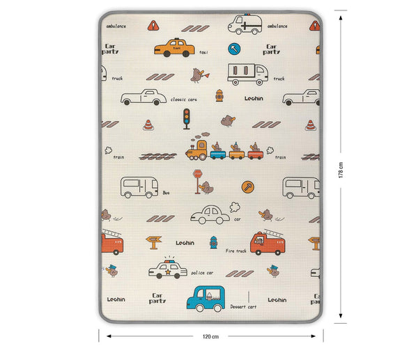Kääritty vaahtomuovimatto, jossa on lapsiystävällinen kaupunkikuvio.