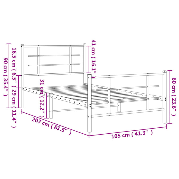 Metallinen sängynrunko päädyillä musta 100x200 cm