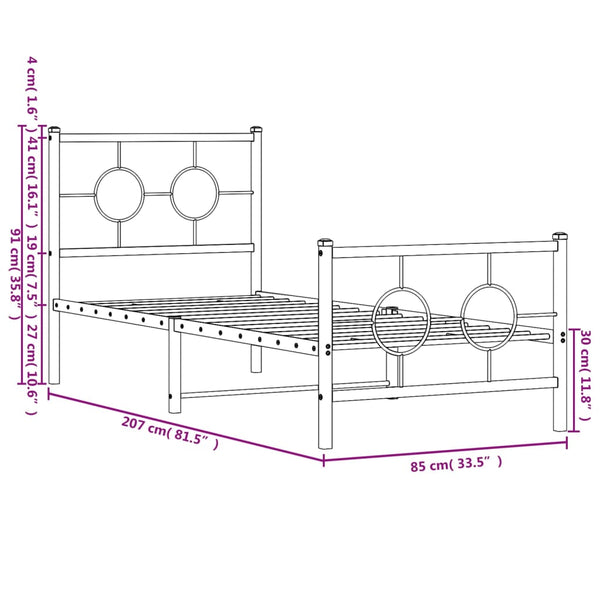 Metallinen sängynrunko päädyillä musta 80x200 cm