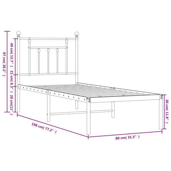 Metallinen sängynrunko päädyllä musta 75x190 cm