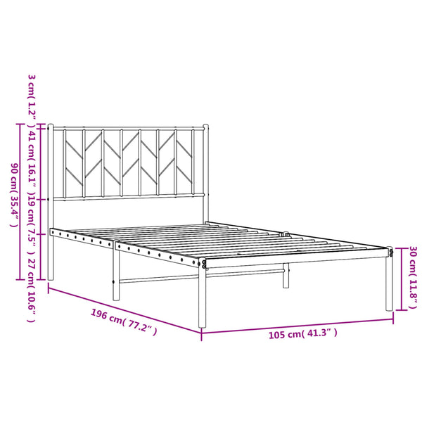 Metallinen sängynrunko päädyllä valkoinen 100x190 cm