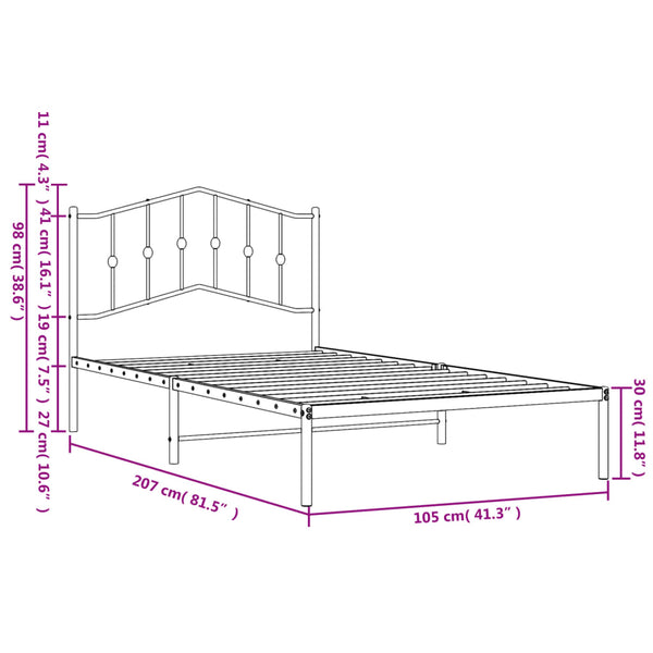 Metallinen sängynrunko päädyllä valkoinen 100x200 cm