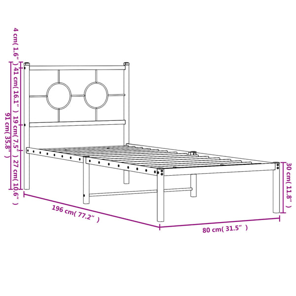 Metallinen sängynrunko päädyllä valkoinen 75x190 cm