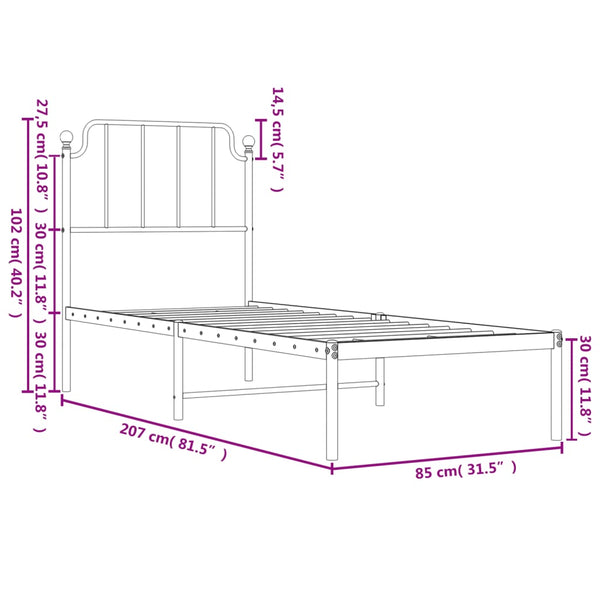 Metallinen sängynrunko päädyllä valkoinen 80x200 cm