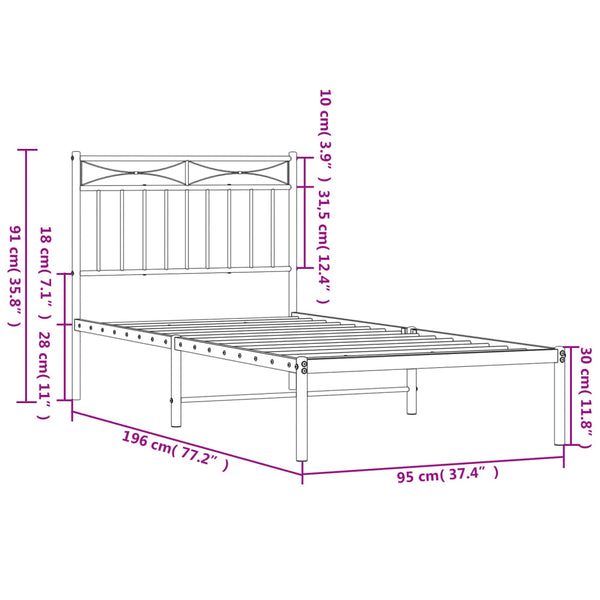 Metallinen sängynrunko päädyllä valkoinen 90x190 cm