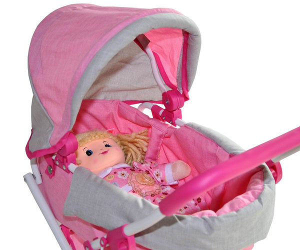 Milly Mally Alice Prestige -nukkekärry on vaaleanpunainen ja siinä on koristeelliset yksityiskohdat.