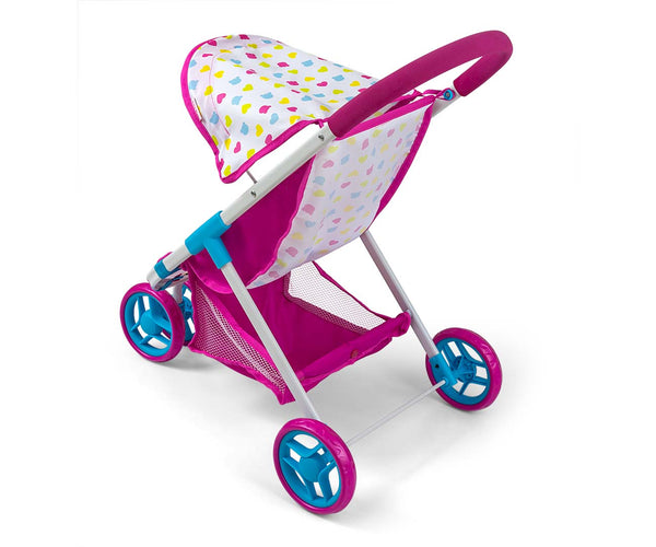 Milly Mally nukkekärry malli Susie Candy. Vaaleanpunainen ja valkoinen nukkekärry, jossa on vaaleanpunaiset tyynyt ja kuomu.