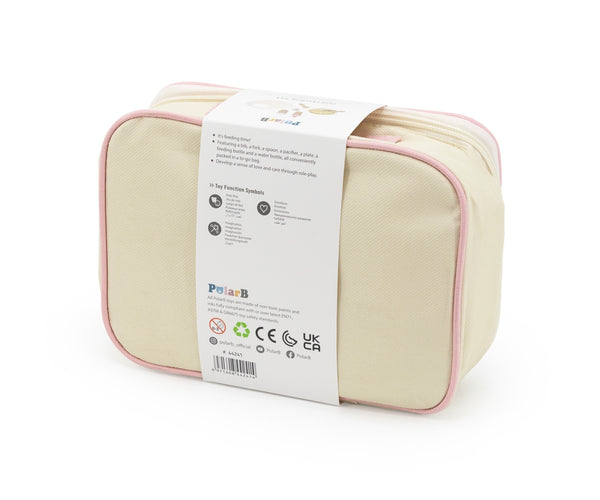 Viga 44241 Polar Bear -nukkejen ruokintasetti, sisältää ruokailuvälineet ja ruokailualustan.