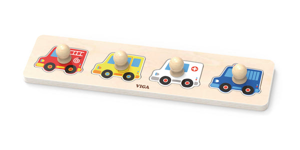 Pierwsze puzzle z uchwytami Viga 44535 Auta -pala, jossa on neljä erilaista puuosaa ja kahvat.
