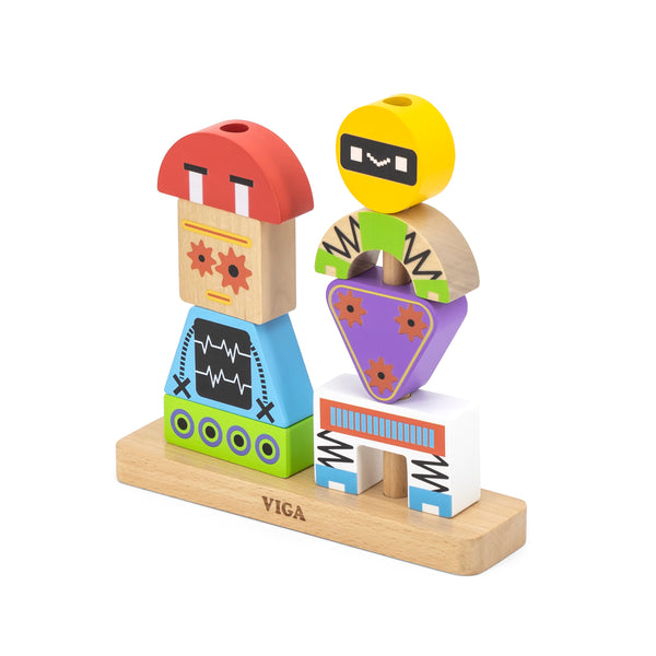 Viga 44652 -kellopeli robottien kuvilla, joka koostuu erilaisista paloista.