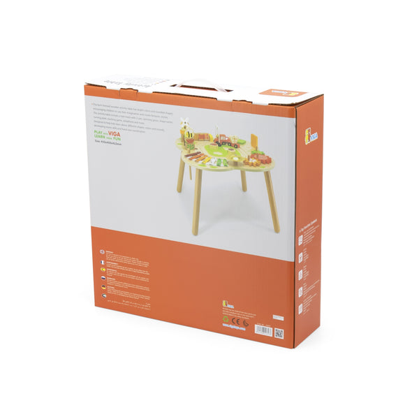 Vigatoysin matkapöytä, jossa on erilaisia opetusvälineitä ja värikäs design.