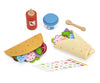 Viga 44677 -tacos-setti, joka sisältää neljä taco-alustaa, neljä taco-telineitä ja neljä muovista tacolusikkaa, kuvassa valkoisella taustalla.