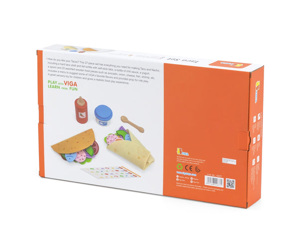 Viga 44677 -tacojen valmistussetti, joka sisältää tacos-astiat, kauhan, haarukan ja pihdit.