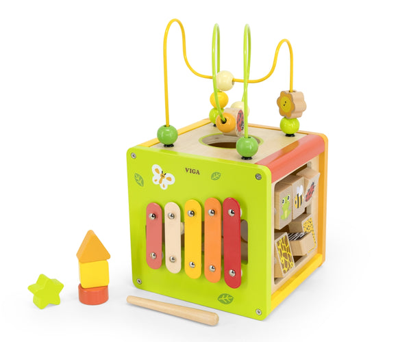 Viga-44716-kostka edukacyjna 5w1, jossa on labiryntheja ja symbaalit.
